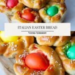 Pinterest image for Bread with colored eggs for Easter.