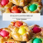 Pinterest image for Bread with colored eggs for Easter.