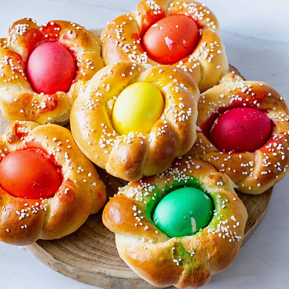 Italian Bread with Easter Egggs on the table.