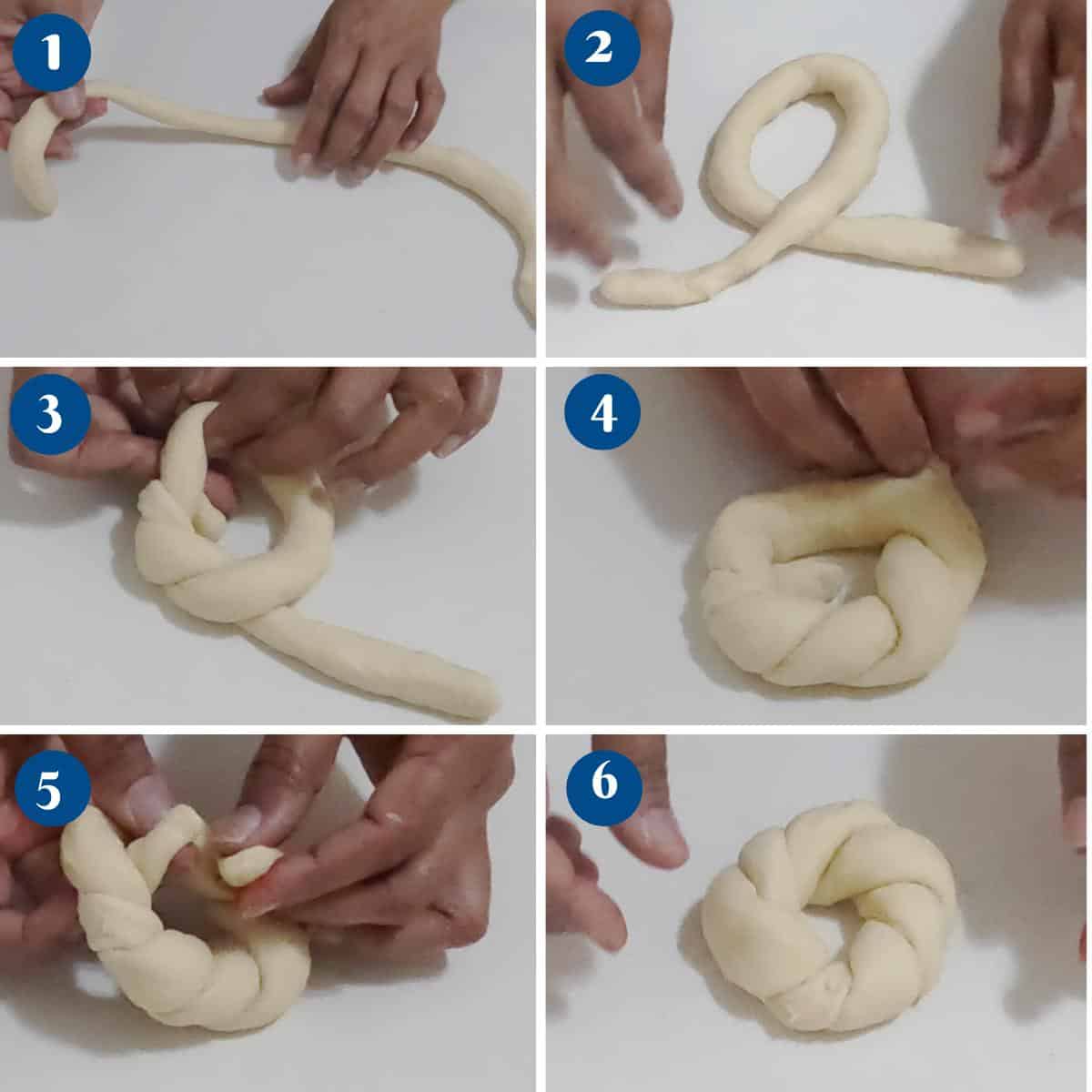 Progress pictures how to shape the eater egg bread.