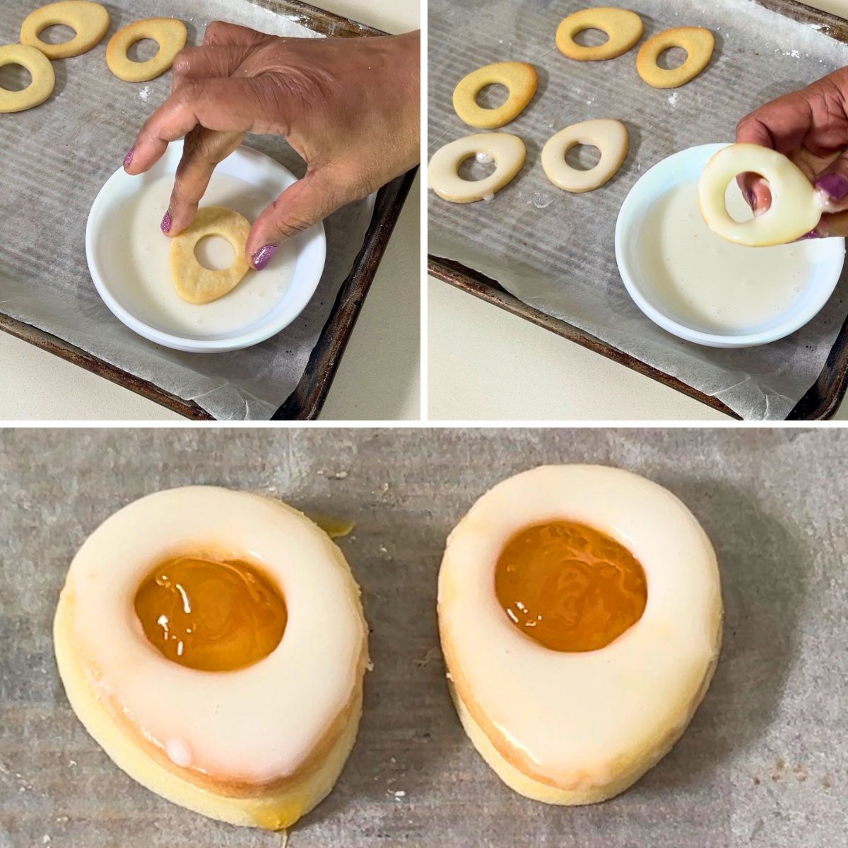 Progress pictures egg sandwich cookies with glaze and jam.