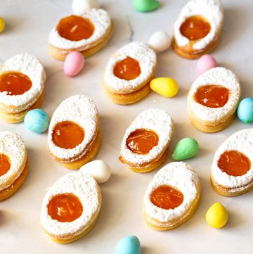 Layered cookies surrounded by Eater eggs.