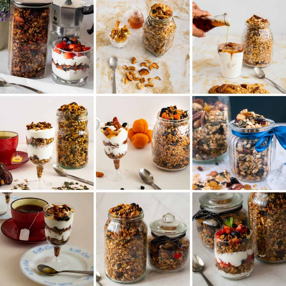 Collage with different types of granola. 