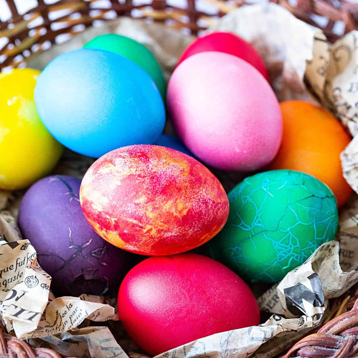 A basket with dyed Easter Eggs.