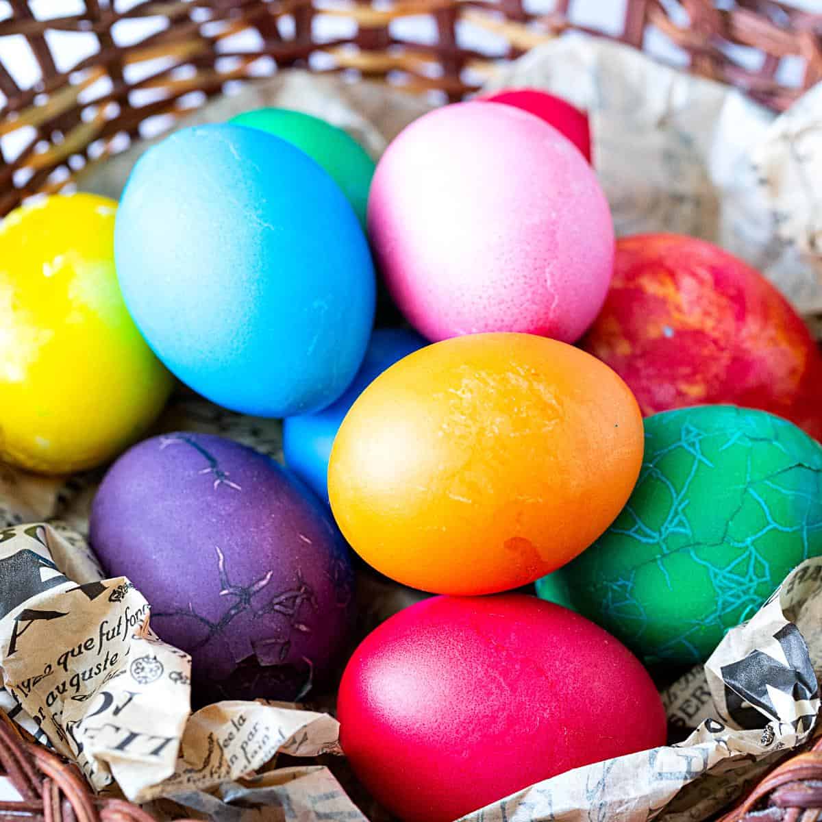 Colored Eggs in a basket.