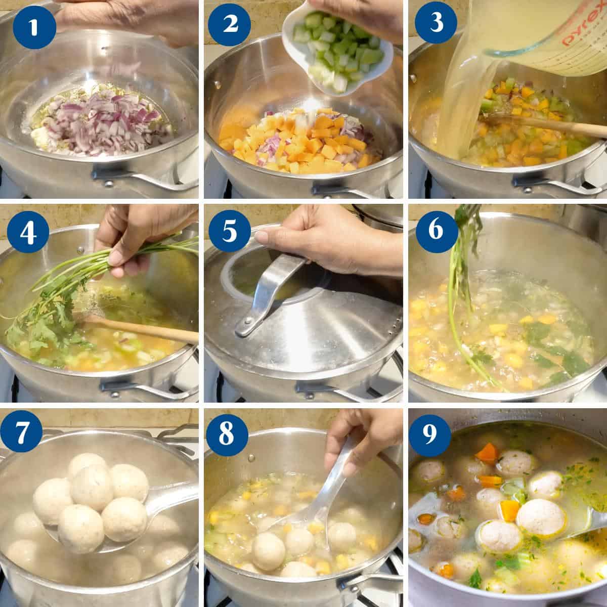 Progress pictures making the chicken soup with matzo balls.