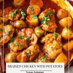 Pinterest image for chicken with potatoes braised with Moroccan spices.