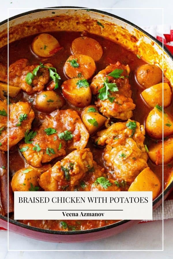 Pinterest image for chicken with potatoes braised with Moroccan spices.