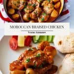Pinterest image for chicken with potatoes braised with Moroccan spices.