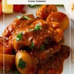 Pinterest image for chicken with potatoes braised with Moroccan spices.