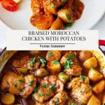 Pinterest image for chicken with potatoes braised with Moroccan spices.