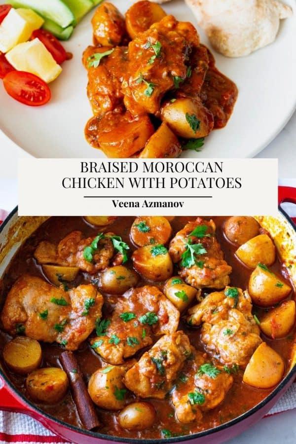 Pinterest image for chicken with potatoes braised with Moroccan spices.