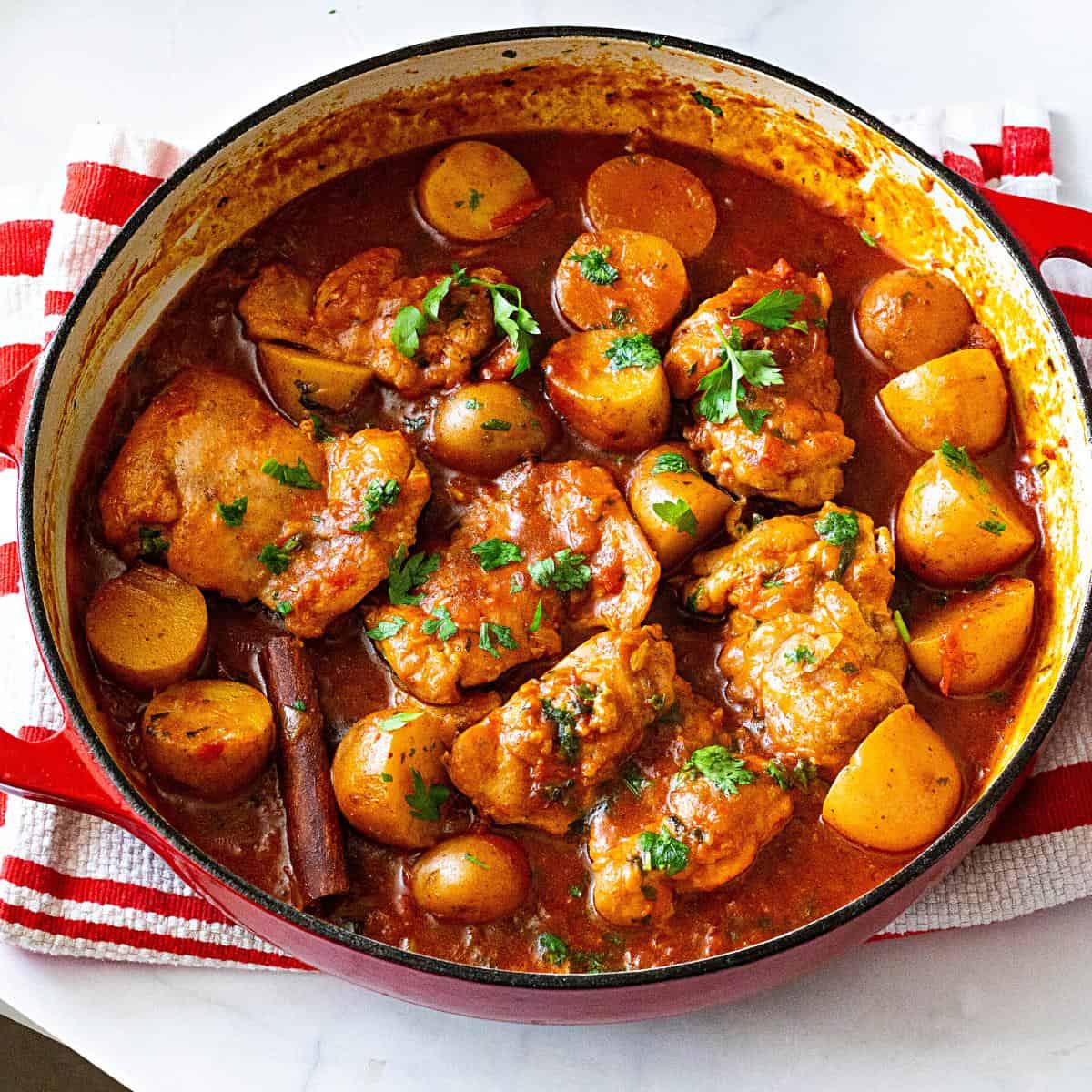 Dutch oven with braised chicken casserole with potatoes.