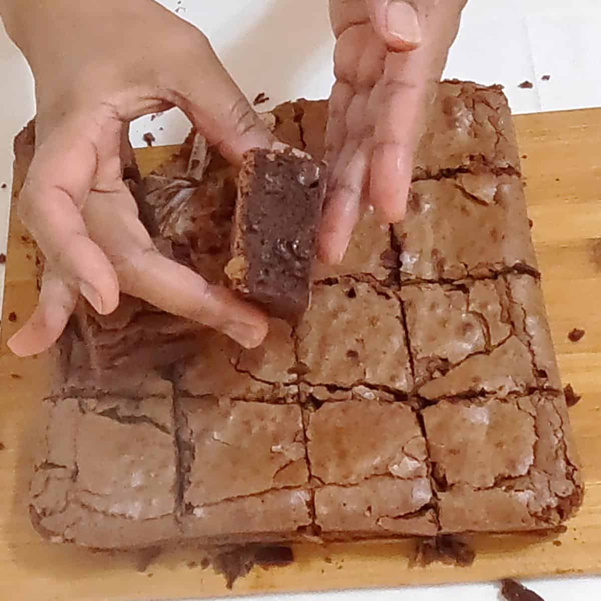 Squares in the hand with a brownie square.