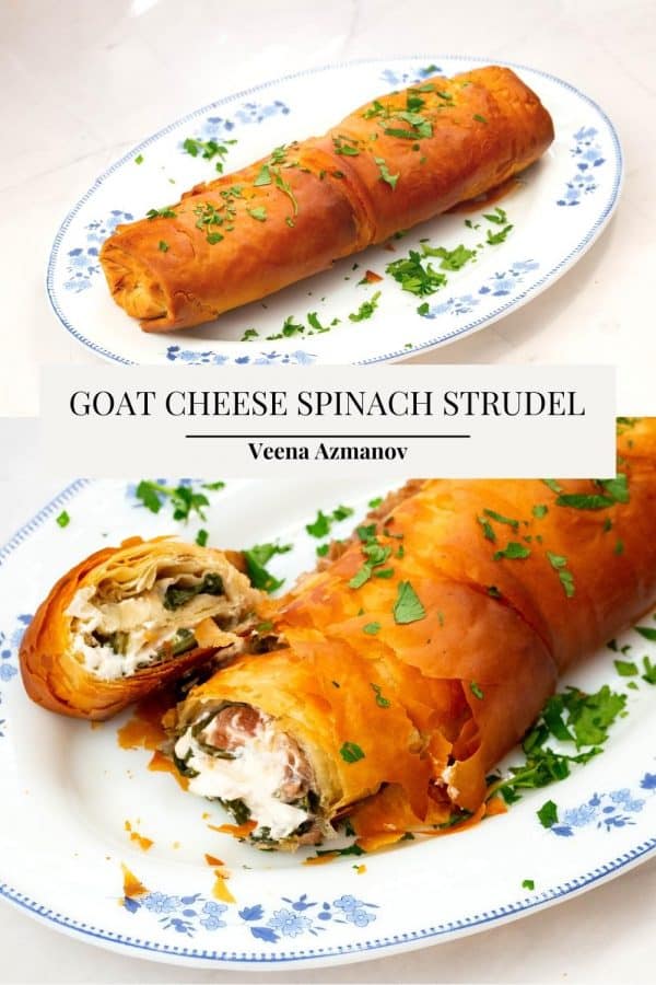 Pinterest image for strudel with spinach goat cheese.