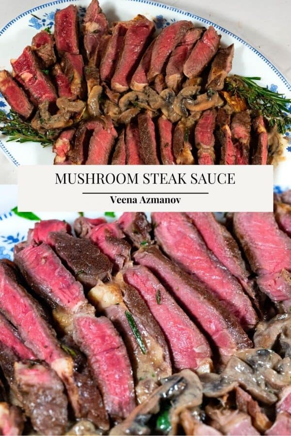 Pinterest image for steak with mushroom sauce.
