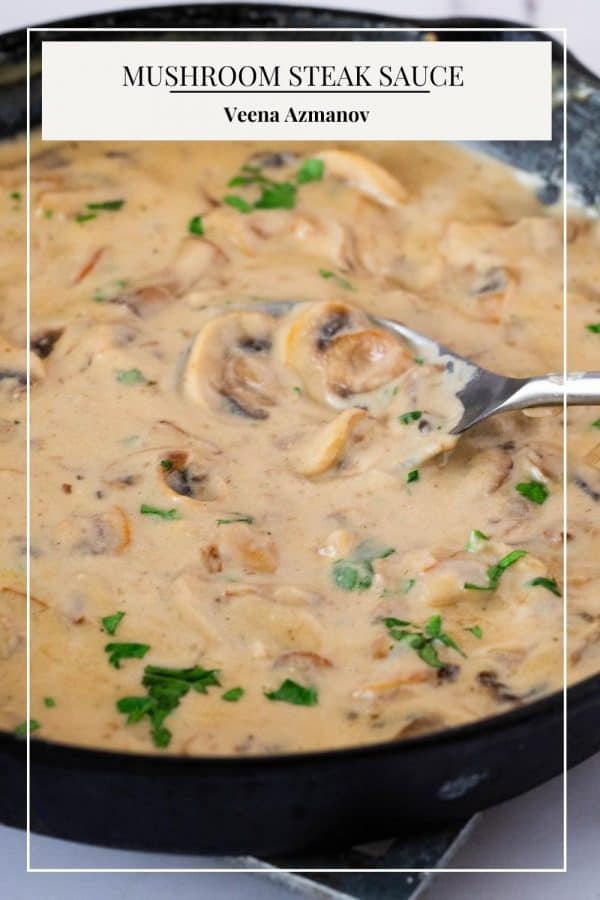 Pinterest image for steak with mushroom sauce.