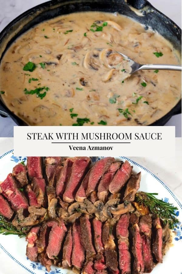 Pinterest image for steak with mushroom sauce.