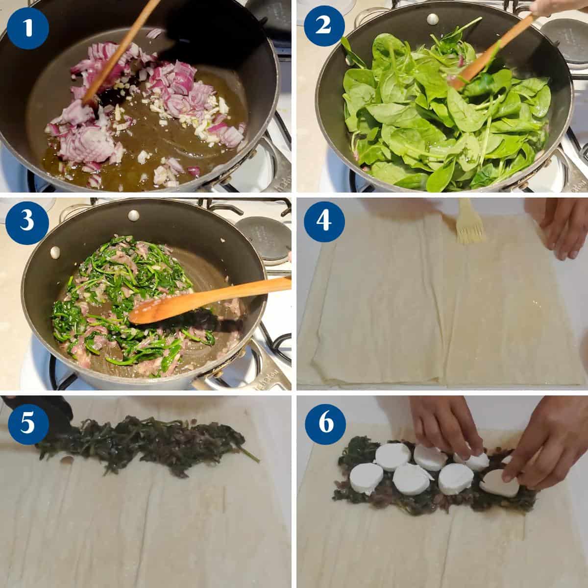 Progress pictures for sautéing spinach in fry pan.