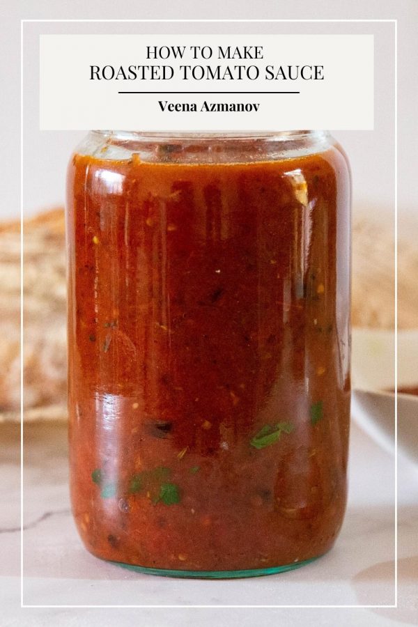 Pinterest image for tomato sauce with roasted tomatoes.