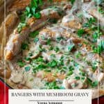 Pinterest image for sausage sautéed in a creamy mushroom gravy.