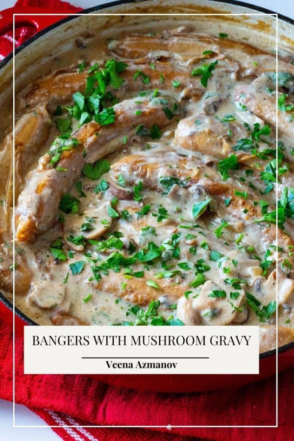 Pinterest image for sausage sautéed in a creamy mushroom gravy.