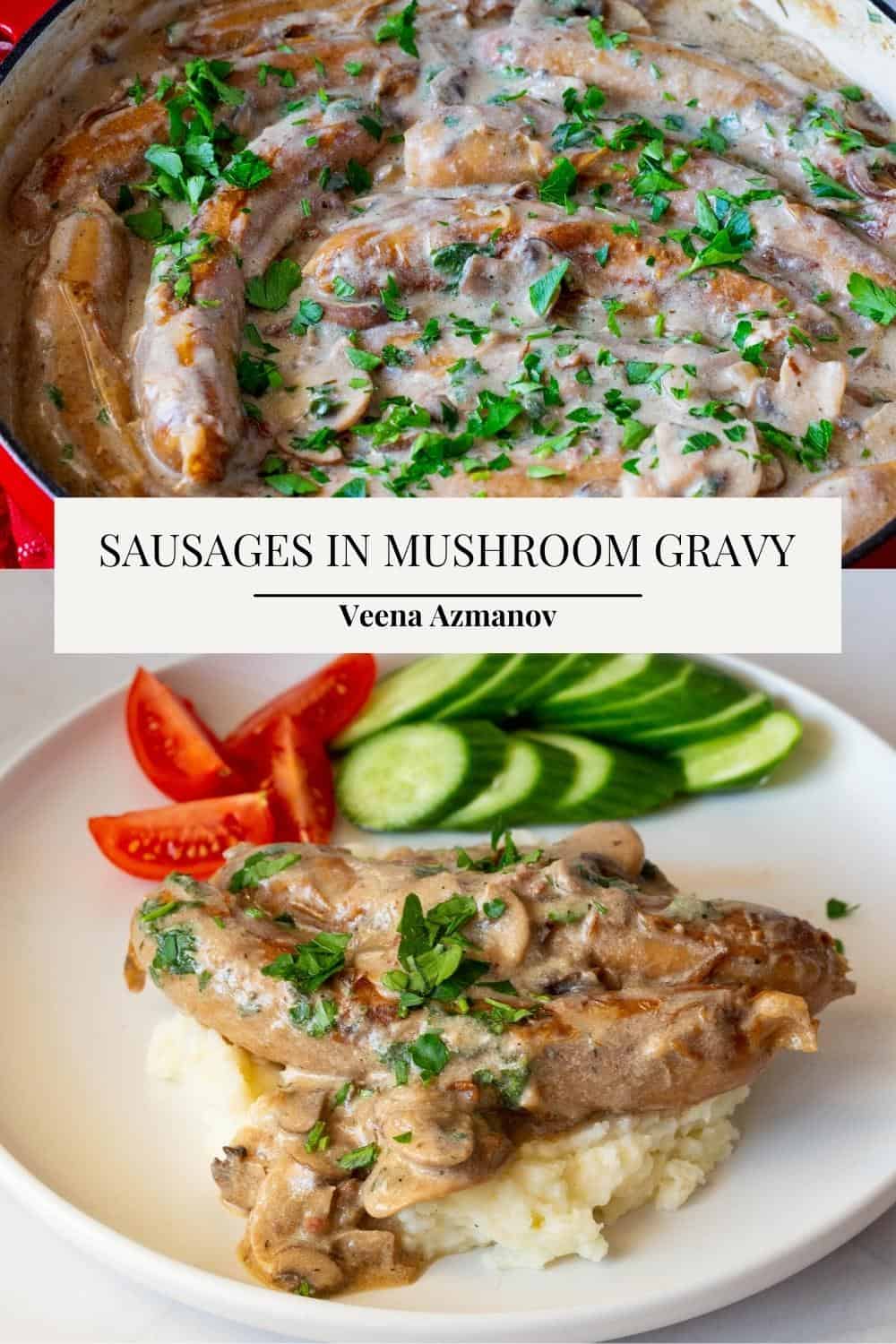 Pinterest image for sausage sautéed in a creamy mushroom gravy.