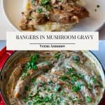 Pinterest image for sausage sautéed in a creamy mushroom gravy.