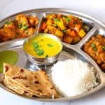 A thali with Indian dishes.