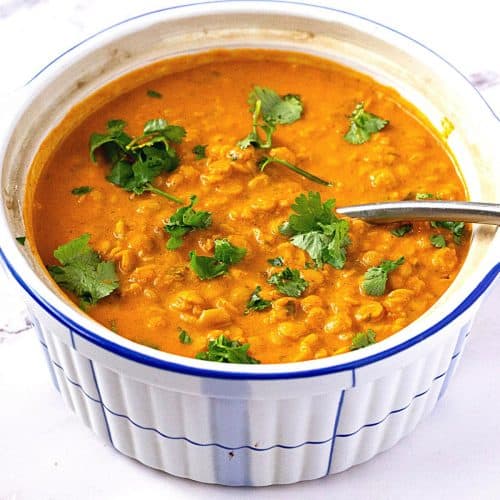 A casserole with curry lentils.