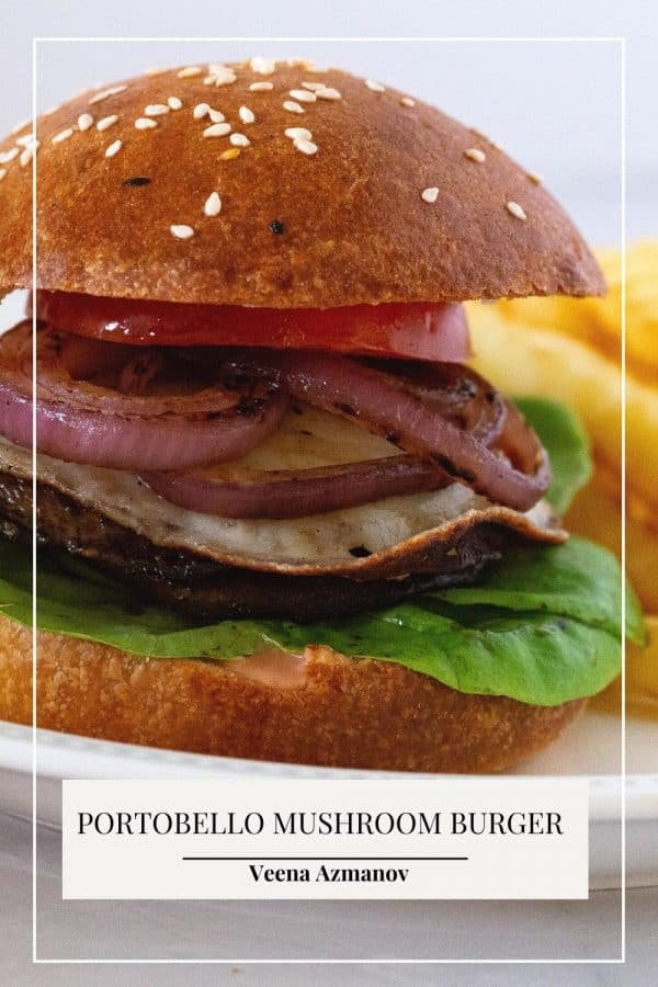 A Pinterest image for Portobello mushroom burger.