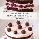 Pinterest image for chocolate cherry cake with mousse entremets.