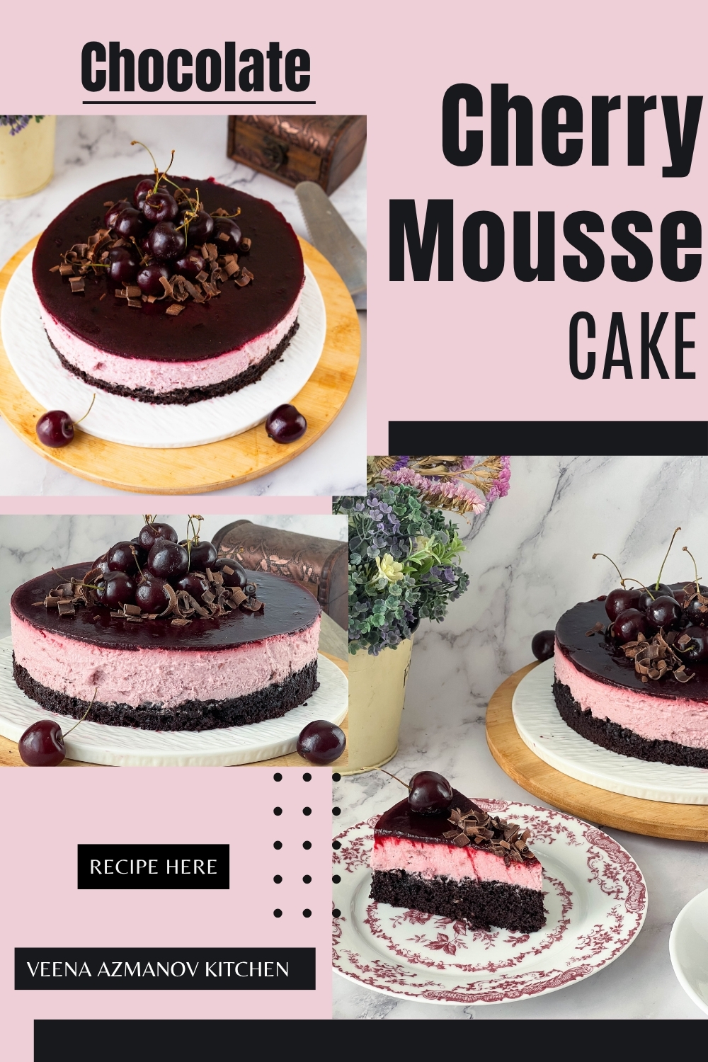 Pinterest image for chocolate cherry mousse cake.