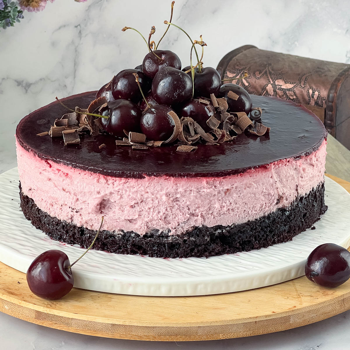 Cherry Mousse over chocolate cake.