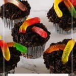 Pinterest image for Halloween wormy cupcakes.