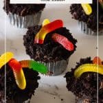 Pinterest image for Halloween wormy cupcakes.