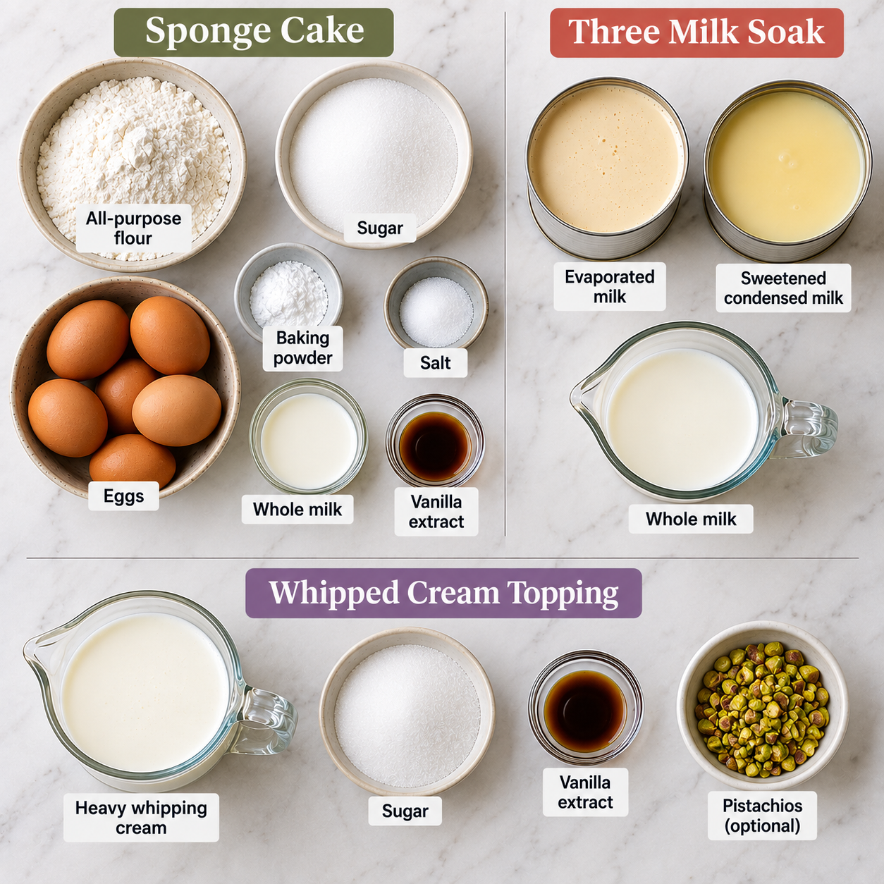 Ingredients for making Tres Leches Cake.
