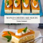 Pinterest image for mango cheesecake slice.