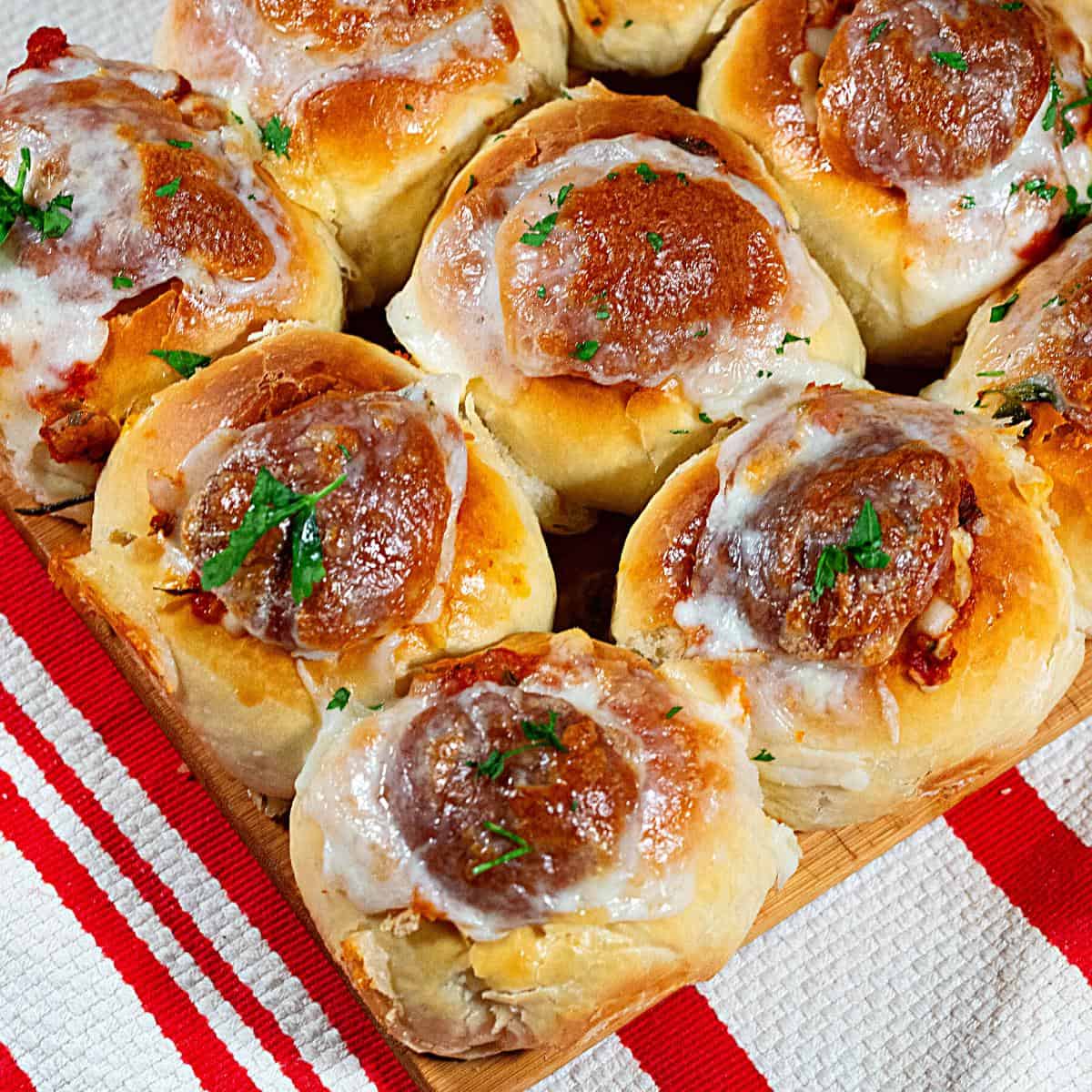 Meatball sliders in a sheet pan.