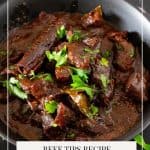 Pinterest image for beef tips and red wine gravy.