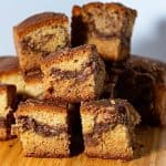 Pieces of cinnamon cake with cinnamon swirl.