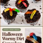 Pinterest image for Halloween Wormy Dirt Cupcakes.
