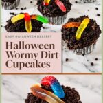 Pinterest image for Halloween Wormy Dirt Cupcakes.