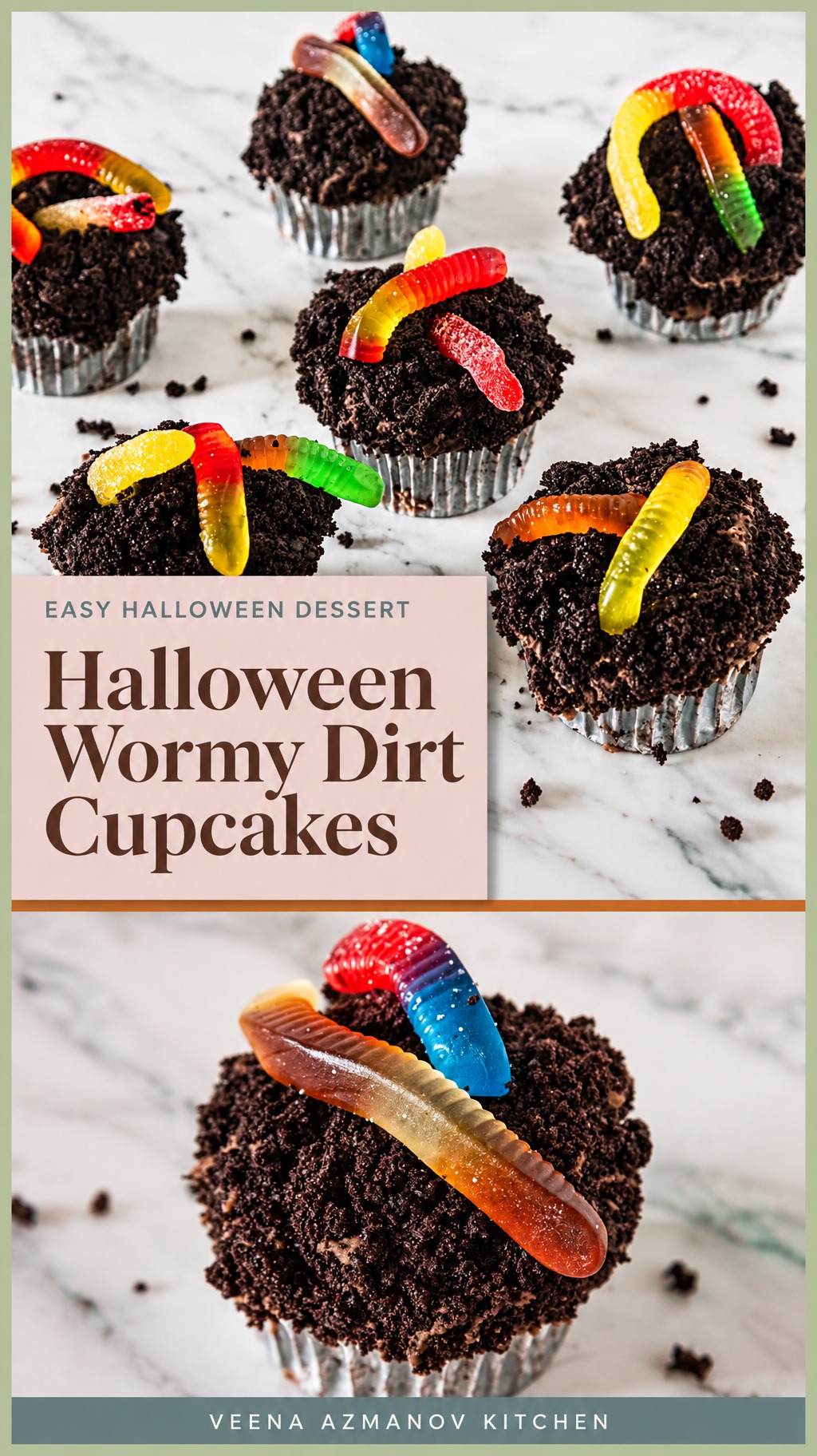 Pinterest image for Halloween Wormy Dirt Cupcakes.