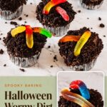 Pinterest image for Halloween Wormy Dirt Cupcakes.