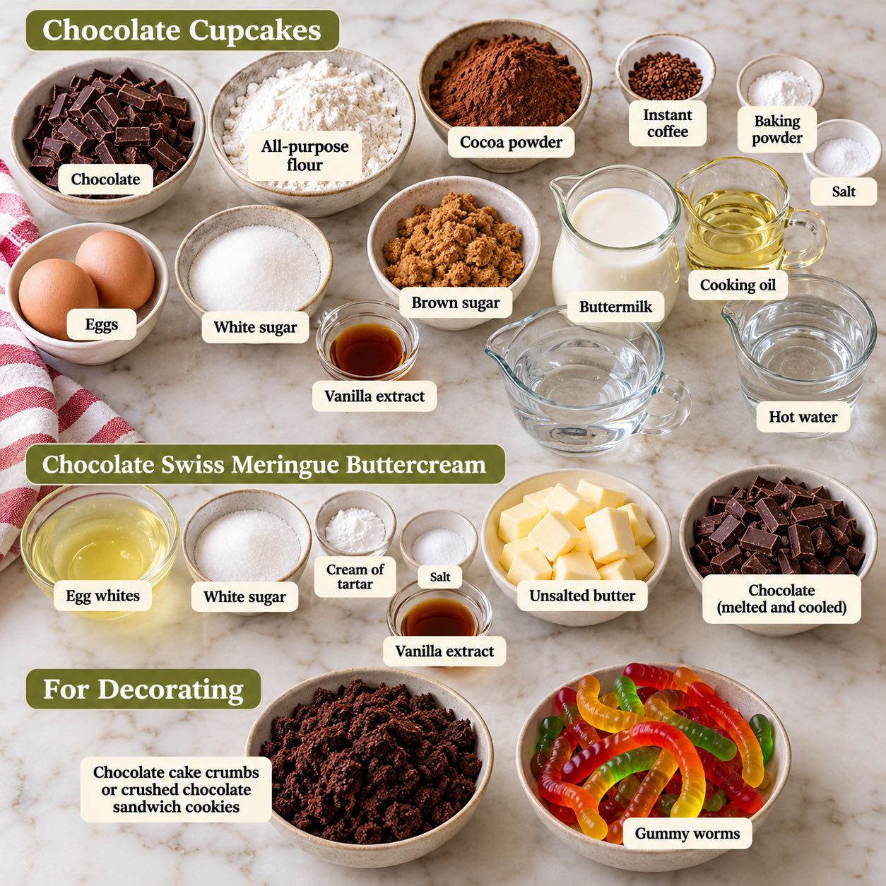 Ingredients for Halloween Wormy Dirt Cupcakes
