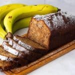 Sliced banana bread on the table.