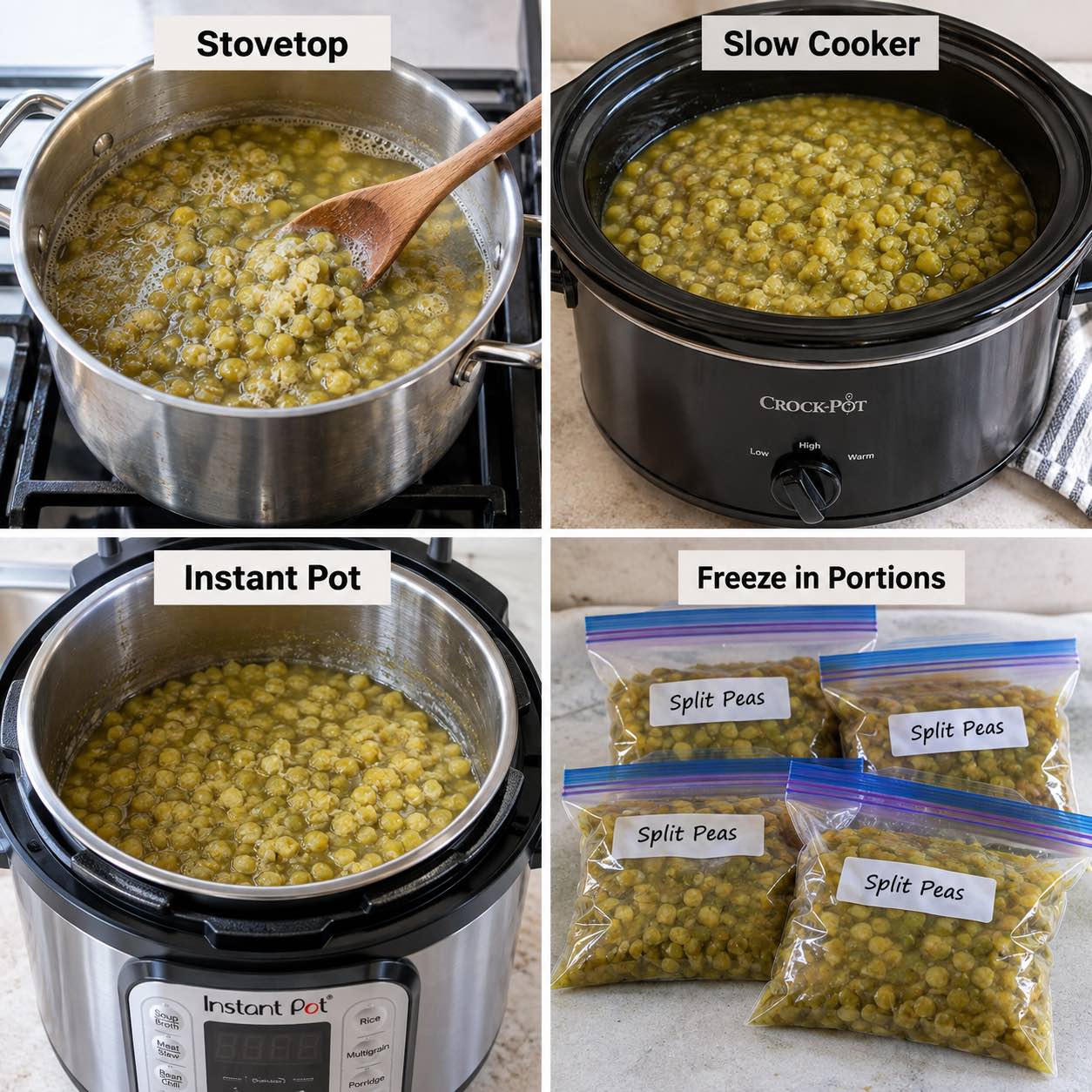 Collage showing 4 ways to cook split peas.