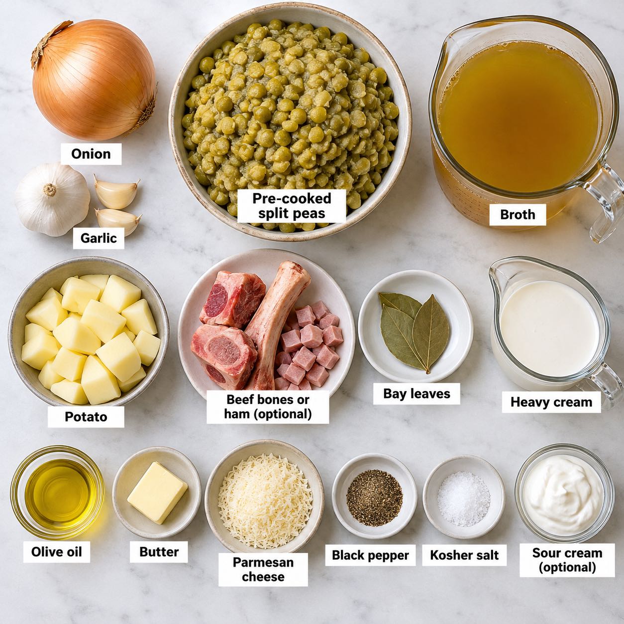 Ingredients for making split pea soup.