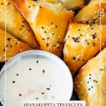 Pinterest image for spinach feta spanakopita triangles.